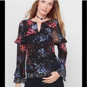 WHBM Black Floral Bell Sleeve Blouse Top Career
